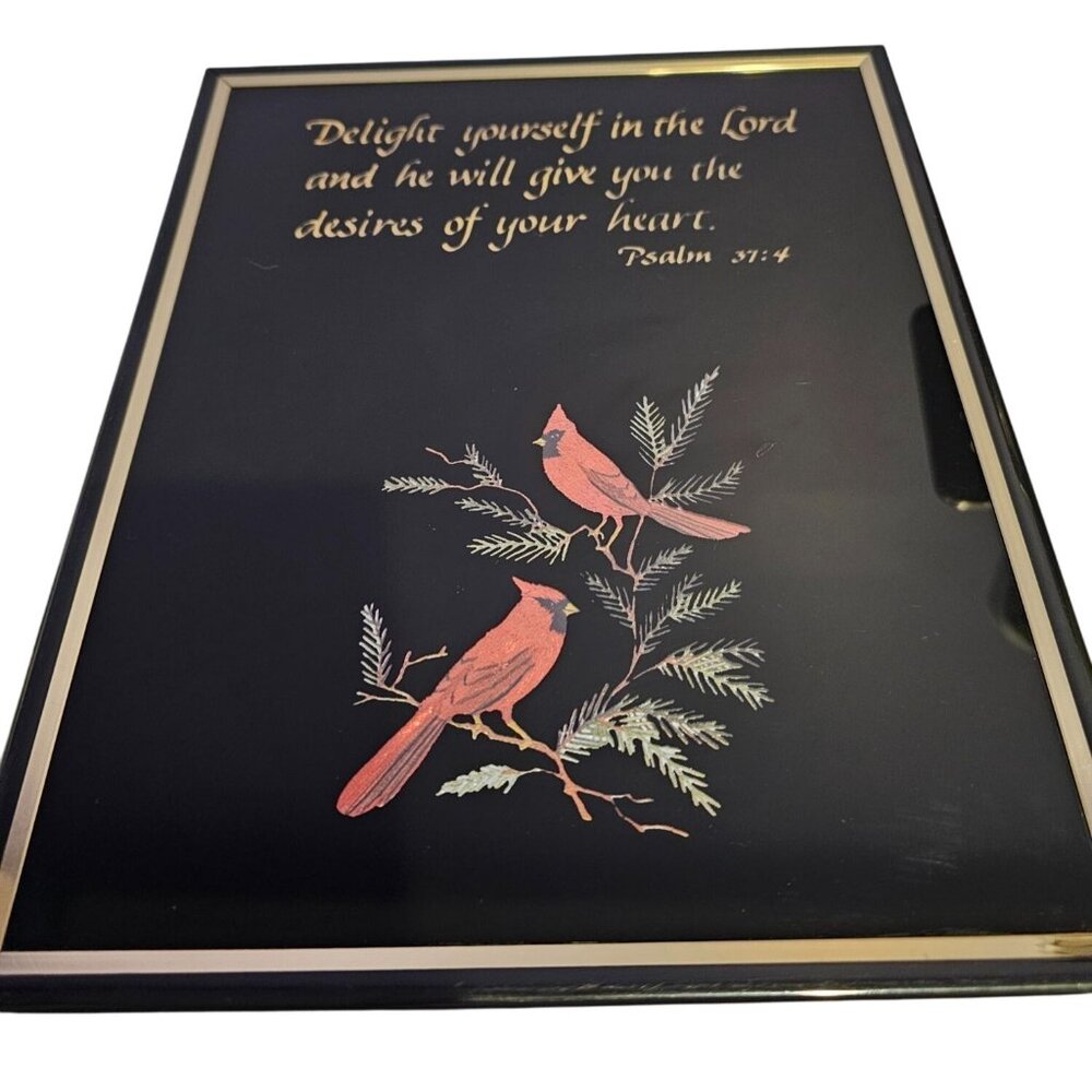 Kafka Screened Etching Wall Art Cardinal Birds Bible Verse Psalm 37:4 Framed